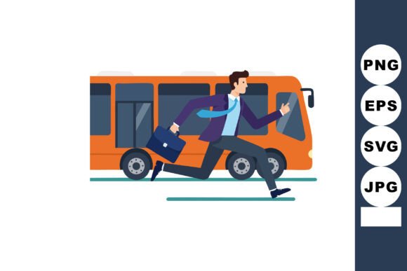 Businessman Running to Catch Orange Bus: Energetic Design Asset