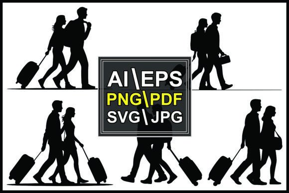 Silhouettes of People Walking Luggage: Dynamic Travel Graphics