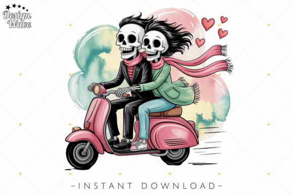 Skeleton Couple Scooter Valentine PNG: A Sweetly Spooky Design Asset